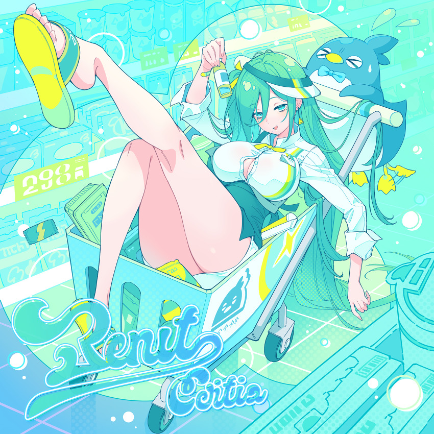 &gt;_&lt; 1girl :d album_cover apron bird blue_eyes bottle breasts button_gap cleavage cover earrings fake_cover flying_sweatdrops game_cg green_apron green_hair green_slippers highres holding holding_bottle in_shopping_cart jewelry large_breasts legs_up long_hair looking_at_viewer miniskirt mole mole_under_mouth non-web_source official_art open_mouth partially_unbuttoned pencil_skirt penguin portia_(stella_sora) pushing_cart sherlock_(stella_sora) shirt shopping_cart sideways_hat skirt sleeves_rolled_up slippers smile stella_sora three-quarter_sleeves triangle_earrings very_long_hair visor_cap white_shirt white_skirt