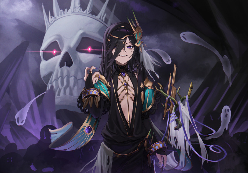 1girl bangle black_hair black_shirt bracelet breasts breasts_apart bridal_gauntlets center_opening cloak commission ghost glowing glowing_eyes granblue_fantasy grin hair_over_one_eye hand_up highres holding holding_staff hood hood_up hooded_cloak jewelry lich_(granblue_fantasy) long_hair looking_at_viewer mizoshi-x purple_eyes purple_nails sharp_teeth shawl shirt skull small_breasts smile solo staff teeth turtleneck upper_body
