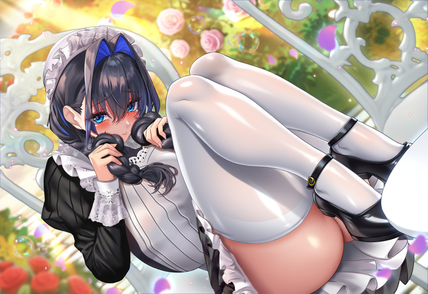 1girl absurdres apron ass black_dress black_shoes blue_eyes blue_hair blush braid breasts closed_mouth dress highres hololive hololive_english jagoo large_breasts looking_at_viewer maid maid_apron mary_janes official_alternate_costume official_alternate_hairstyle ouro_kronii ouro_kronii_(maid) shoes solo thighhighs twin_braids virtual_youtuber white_apron white_thighhighs
