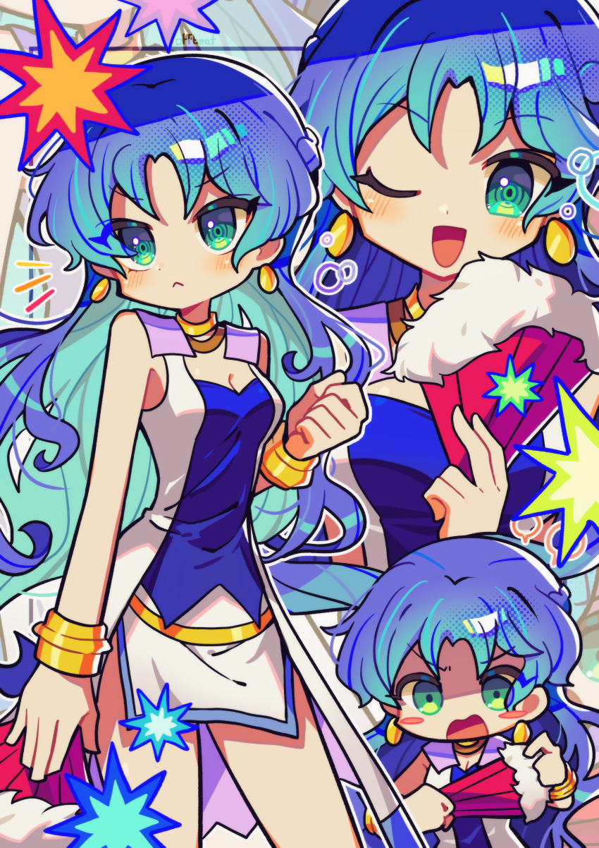 1girl :&lt; absurdres blue_hair blush bracelet breasts chibi cleavage closed_mouth earrings green_eyes hand_fan highres holding holding_fan jewelry long_hair looking_at_viewer medium_breasts offbeat one_eye_closed puyopuyo rulue_(puyopuyo) sleeveless solo