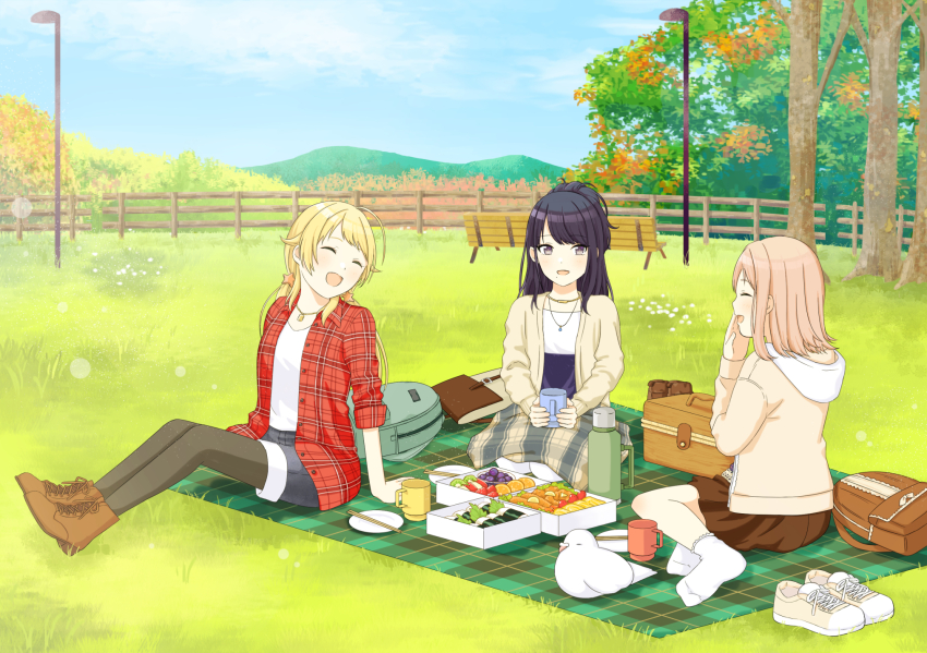 3girls :d ^_^ animal backpack bag bench bird black_hair black_pantyhose blonde_hair blue_sky blush boots brown_footwear brown_hair brown_jacket brown_skirt closed_eyes cloud collared_shirt commentary_request cup day dress_shirt fence flower grass grey_shorts hachimiya_meguru highres holding holding_cup hood hood_down hooded_jacket idolmaster idolmaster_shiny_colors illumination_stars_(idolmaster) jacket jewelry kazano_hiori lace-up_boots lamppost long_hair long_sleeves mountain mug multiple_girls open_mouth outdoors pantyhose pantyhose_under_shorts pendant picnic_basket picnic_blanket plaid_clothes plaid_shirt ponytail profile purple_eyes red_shirt sakuragi_mano sasakamasasa seiza shirt shoes short_shorts shorts sitting skirt sky smile tree very_long_hair white_flower white_shirt wooden_fence