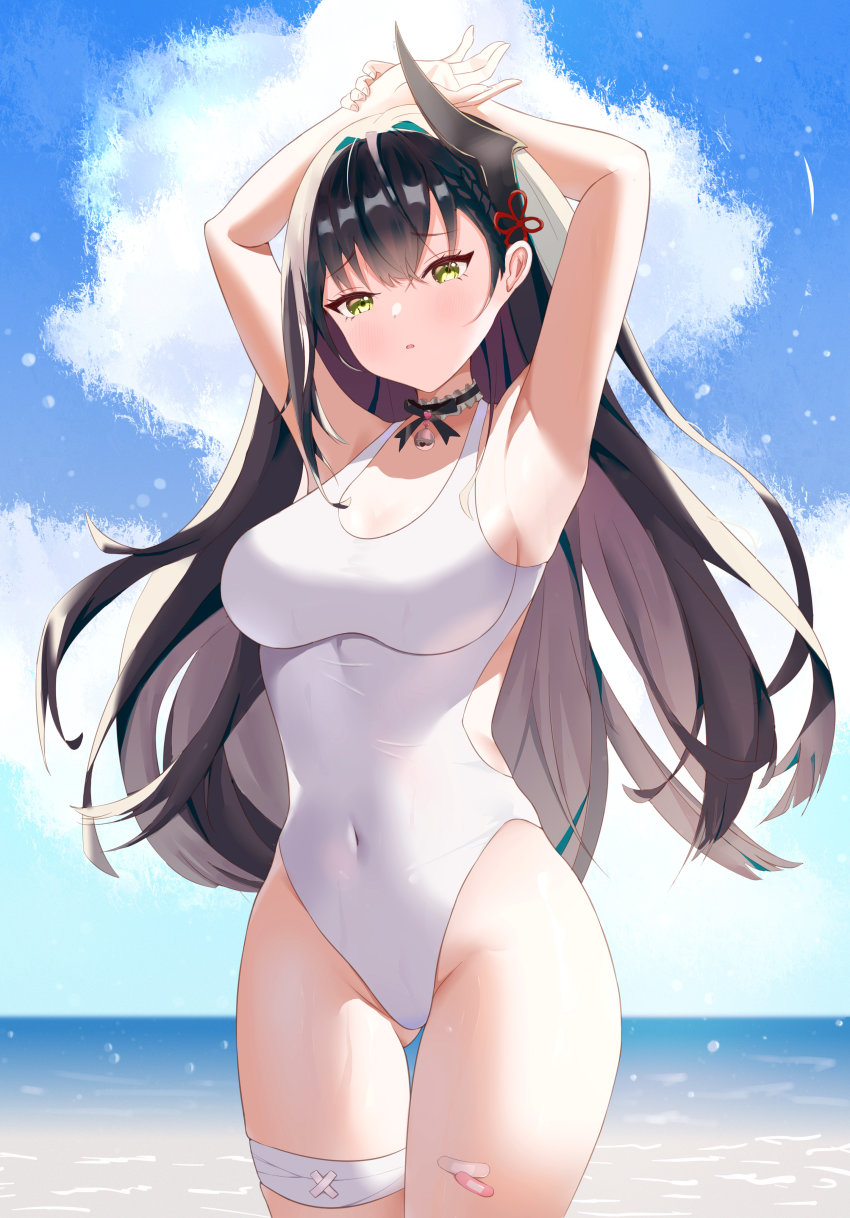 1girl absurdres armpits arms_up backlighting bandaged_leg bandages bandaid bandaid_on_leg beach black_hair blue_sky braid breasts chinese_commentary chinese_knot choker cloud commentary_request covered_navel crown_braid day hair_between_eyes highleg highleg_one-piece_swimsuit highres horizon horns lin_(tower_of_fantasy) looking_at_viewer medium_breasts multicolored_hair ocean one-piece_swimsuit outdoors raised_eyebrows single_horn sky solo standing streaked_hair swimsuit thighs tower_of_fantasy white_hair white_one-piece_swimsuit xiatian