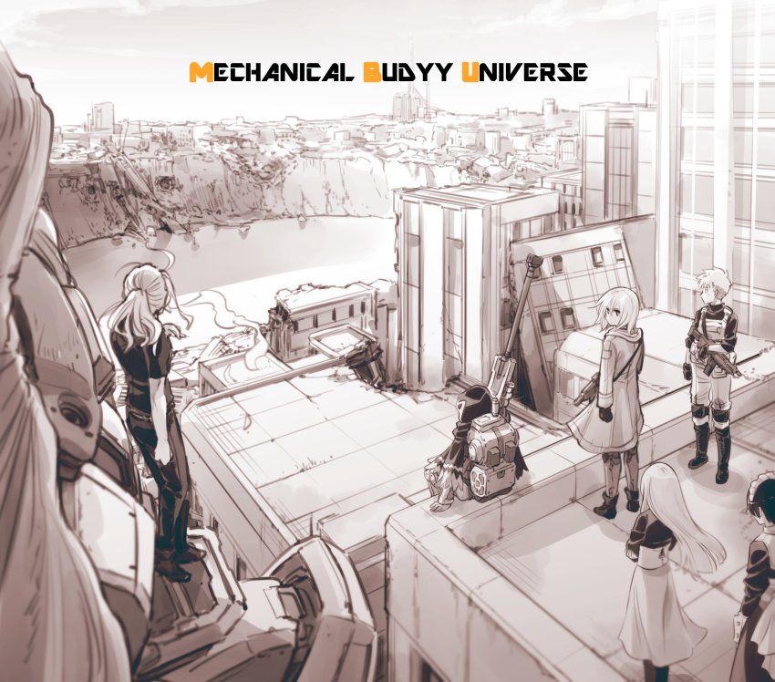 1boy android apron bad_id bad_twitter_id blau_(mechanical_buddy_universe) cloak coat cordelia_herschel_(mechanical_buddy_universe) dahlia_(mechanical_buddy_universe) diva_duo_(mechanical_buddy_universe) greyscale gun hawk_(mechanical_buddy_universe) highres holding holding_gun holding_weapon hood hooded_coat hooded_jacket jacket joints kato_takuji long_hair long_skirt long_sleeves maid maid_apron maid_headdress mecha mechanical_arms mechanical_buddy_universe mechanical_legs monochrome mother_and_son multiple_girls overcoat rainy_(mechanical_buddy_universe) ribbon rifle riika_rikkinen_(mechanical_buddy_universe) robot robot_joints science_fiction sepia short_hair shu_(mechanical_buddy_universe) skirt sniper_rifle submachine_gun tactical_clothes weapon
