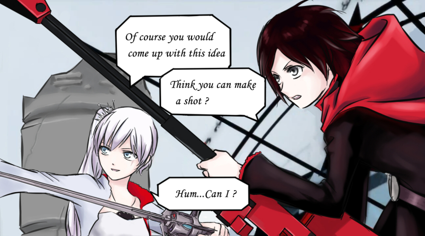 2girls black_eyes blue_eyes cape dress english_text holding_sword long_hair lyy multiple_girls ponytail rapier red_hair ruby_rose rwby scar scythe short_hair speech_bubble sword weapon weiss_schnee white_hair