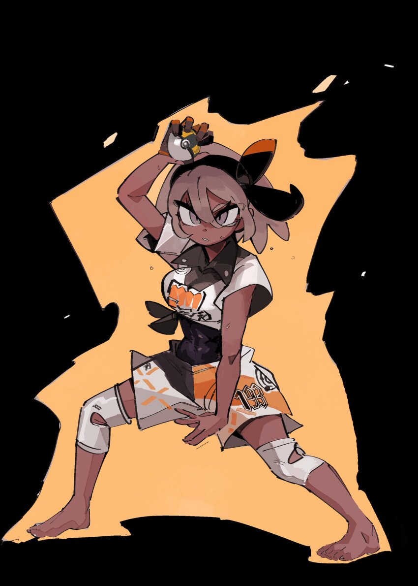 1girl 33dot arm_up barefoot bea_(pokemon) black_bodysuit black_hairband bodysuit bodysuit_under_clothes bow_hairband collared_shirt commentary_request creatures_(company) full_body game_freak gloves grey_eyes grey_hair hair_between_eyes hairband highres holding holding_poke_ball knee_pads korean_commentary medium_hair nintendo poke_ball pokemon pokemon_swsh print_shirt print_shorts shirt short_sleeves shorts single_glove solo squatting toes ultra_ball