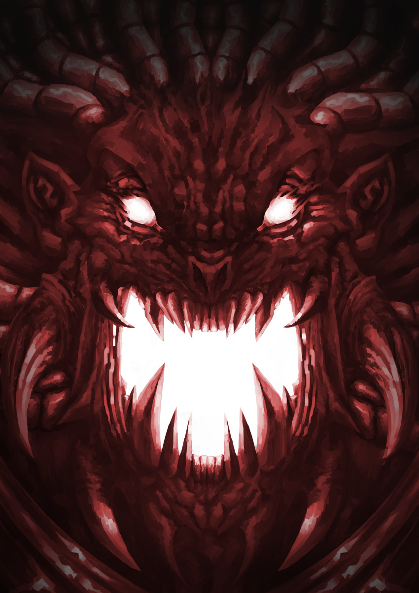 1boy absurdres angron angry armor chaos_(warhammer) commentary demon demon_primarch english_commentary glowing glowing_eyes glowing_mouth gorget hair_tubes highres mortimer_sm open_mouth primarch red_theme sharp_teeth shoulder_armor spikes teeth tube warhammer_40k world_eaters