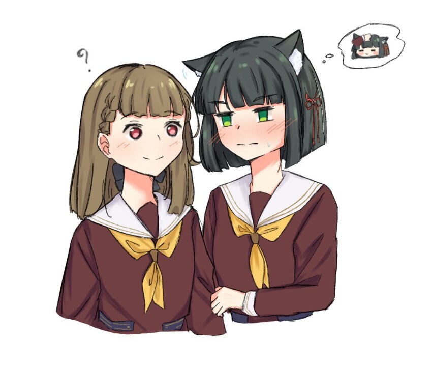 2girls :| ? animal_ear_fluff animal_ears black_hair blunt_bangs blunt_ends blush braid brown_dress brown_hair cat_ears cat_girl center-flap_bangs closed_mouth commentary_request cropped_torso dress embarrassed flower_knot green_eyes hasu_no_sora_school_uniform jitome kachimachi_kosuzu kemonomimi_mode like_and_redraw_challenge link!_like!_love_live! long_hair long_sleeves looking_at_another love_live! mikanon momose_ginko multiple_girls neckerchief nose_blush notice_lines pink_eyes sailor_collar sailor_dress school_uniform short_hair side_ahoge side_braids simple_background smile speech_bubble straight_hair thought_bubble upper_body virtual_youtuber white_background white_sailor_collar winter_uniform yellow_neckerchief