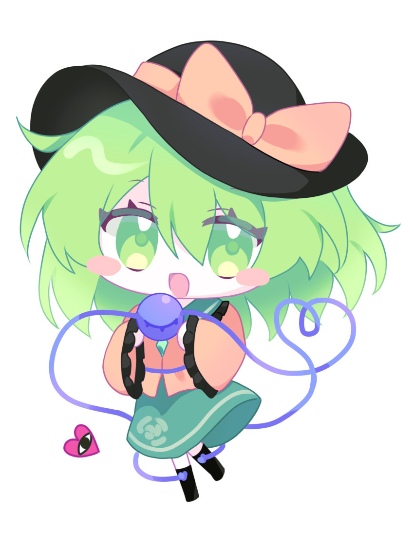 1girl :d absurdres black_footwear black_hat blush_stickers bow chibi chibi_only chinese_commentary commentary_request empty401 floral_print full_body green_eyes green_hair green_skirt hair_between_eyes hat hat_bow hat_ribbon heart heart_of_string highres komeiji_koishi long_sleeves open_mouth ribbon short_hair simple_background skirt sleeves_past_wrists smile solo third_eye touhou white_background wide_sleeves