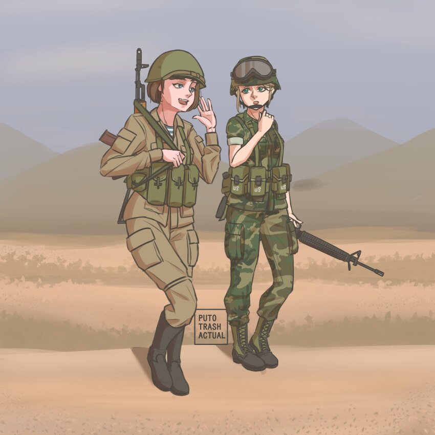 2girls ak-74 aks-74 ammunition_pouch artist_name assault_rifle black_footwear blonde_hair blue_eyes blue_shirt boots brown_footwear brown_hair brown_pants brown_shirt camouflage camouflage_pants camouflage_shirt canteen cargo_pants chest_rig chin_strap cold_war collared_shirt combat_boots combat_helmet commentary day english_commentary fog folding_stock full_body goggles goggles_on_headwear green_headwear green_pants green_shirt grey_sky gun gun_sling hand_up handle helmet highres holding holding_gun holding_weapon kalashnikov_rifle lace-up_boots load_bearing_equipment long_sleeves looking_at_another looking_to_the_side m16 m16a2 military military_fatigues military_uniform mixed-language_commentary mountainous_horizon multicolored_pants multicolored_shirt multiple_girls nose open_mouth original outdoors pants pocket pouch puto_trash rifle sand shirt short_hair short_sleeves sky sleeves_rolled_up soldier soviet square standing striped_clothes striped_shirt talking teeth telnyashka two-tone_shirt undershirt united_states upper_teeth_only weapon weapon_on_back white_shirt woodland_camouflage