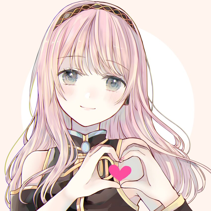 1girl armband armpit_crease bare_shoulders black_shirt black_sleeves blue_eyes blush chest_jewel closed_mouth collared_shirt commentary_request detached_sleeves fingernails gold_trim hairband hands_up headset heart heart_hands high_collar highres long_hair long_sleeves megurine_luka nail_polish orange_background pink_hair pink_nails shirt sidelocks single_detached_sleeve sleeveless sleeveless_shirt smile solo tententuyu upper_body vocaloid