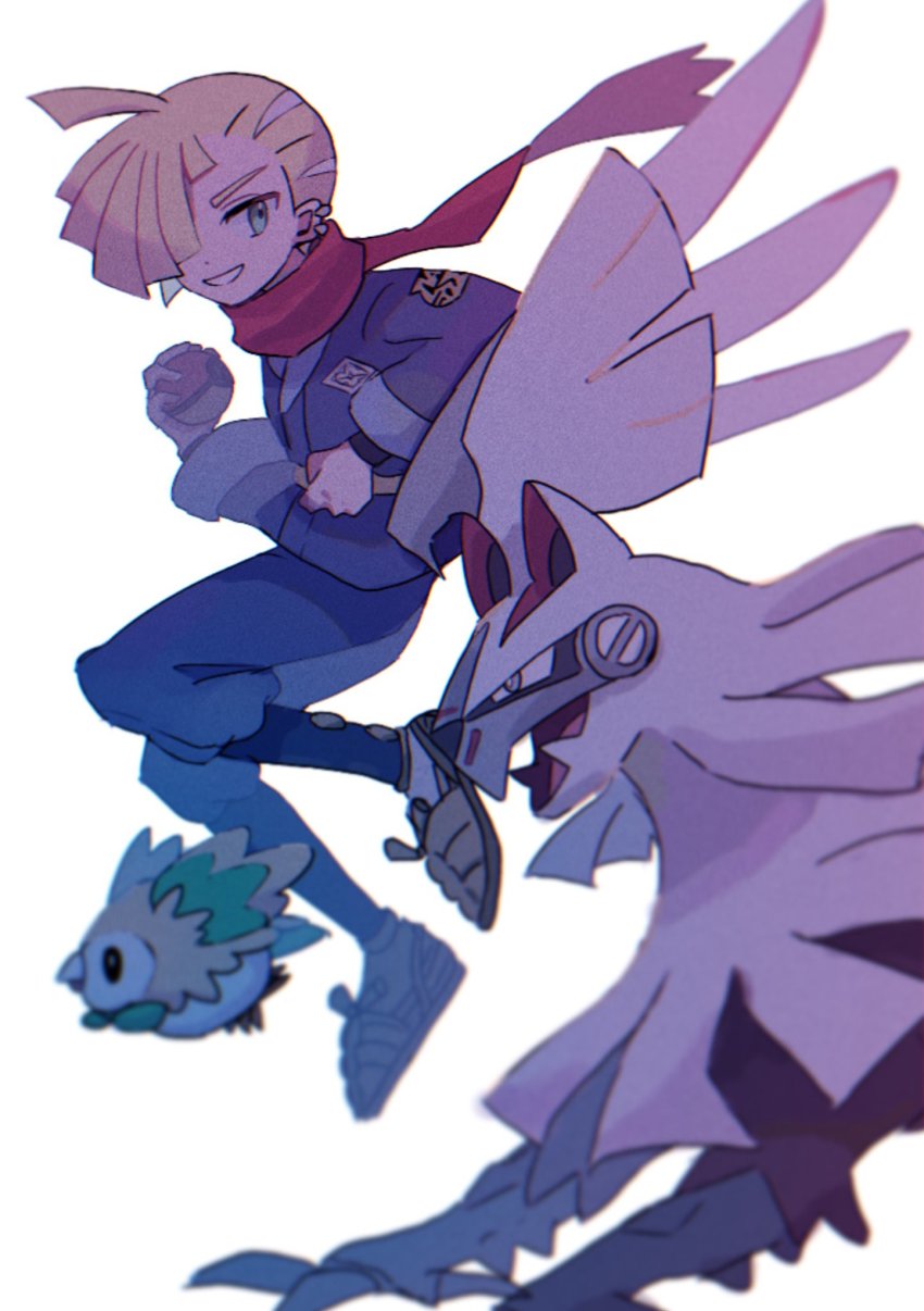 1boy ahoge anzu_(01010611) bad_id bad_twitter_id blonde_hair cosplay ear_piercing floating_scarf gen_7_pokemon gladion_(pokemon) hair_over_one_eye highres hisuian_poke_ball holding holding_poke_ball legendary_pokemon looking_to_the_side male_focus nintendo parted_lips piercing poke_ball pokemon pokemon_legends:_arceus pokemon_sm red_scarf rei_(pokemon) rei_(pokemon)_(cosplay) rowlet sash scarf shoes silvally smile socks undershirt white_legwear