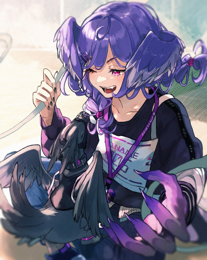1girl ahoge asymmetrical_arms black_nails black_sweater braid ember_(selen_tatsuki) fang head_wings highres lanyard medium_hair muzzle nijisanji nijisanji_en one_eye_closed open_mouth purple_eyes purple_hair race_bib selen_tatsuki selen_tatsuki_(1st_costume) smile sweater teeth twin_braids upper_teeth_only virtual_youtuber wings yamagamearts