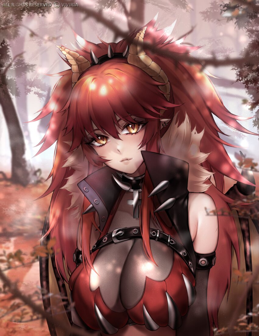 1girl absurdres black_vest breasts cropped_shirt dragon_girl dragon_horns dragon_wings highres horns large_breasts leather leather_vest long_hair looking_at_viewer pointy_ears red_shirt shirt sleeveless sleeveless_shirt slit_pupils solo tree vest virtual_youtuber viviria vshojo wings yellow_eyes zentreya zentreya_(dragon) zentreya_(dragon)_(1st_costume)