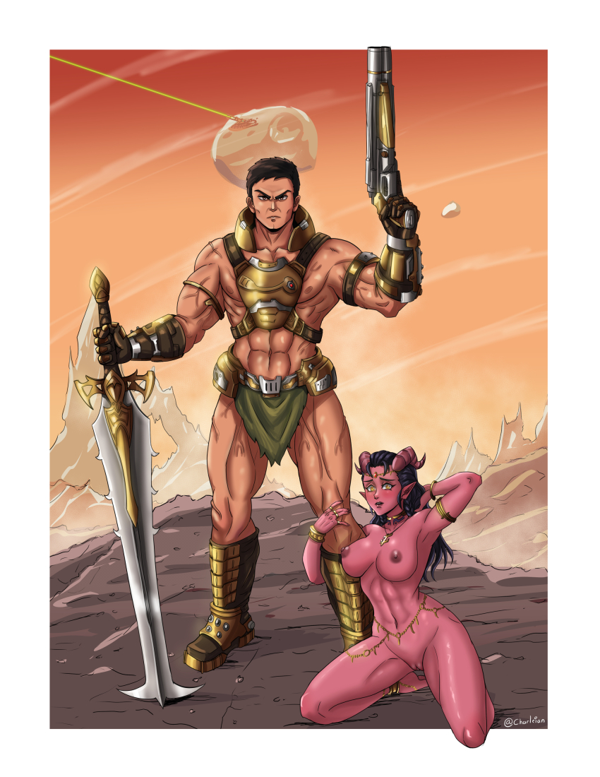 1boy 1girl a_princess_of_mars absurdres adapted_costume alternate_costume armlet armor armored_boots armored_gloves barbarian barsoom belly_chain body_jewelry boots bracelet breasts charleian choker collar colored_skin commentary cosplay costume crossover crucible_(doom) dahlia dahlia_(day_of_wrath) dejah_thoris demon demon_girl demon_horns desert doom_(2016) doom_(series) doom_eternal doomguy english_commentary fantasy gauntlets gold gold_bracelet gold_collar gold_ring gun headband headgear highres holding holding_another&#039;s_leg holding_gun holding_leg holding_sword holding_weapon horns jewelry kneeling leg_grab loincloth long_hair looking_at_viewer mars_(planet) medium_breasts midriff mountain multiple_rings muscular muscular_male necklace nipples nude orange_eyes original outdoors panties pelvic_curtain pussy red_skin revealing_clothes ring sand sandals science_fiction shotgun smile sword tiefling underwear weapon yellow_eyes