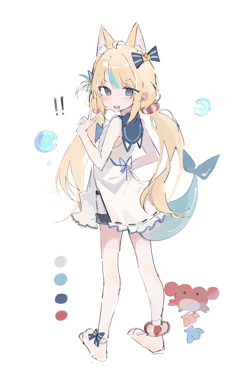 ! !! 1girl ahoge animal_ears animal_hood blonde_hair blue_bow blue_eyes blue_hair bow cat_ears cat_hood crab dress fins fish_girl fish_tail hair_bow highres hood hooded_dress indie_virtual_youtuber kaniki_(sameko_saba) kiri_y lifebuoy_hair_ornament long_hair low_twintails multicolored_hair one_side_up open_mouth sameko_saba sleeveless sleeveless_dress smile solo streaked_hair tail twintails v virtual_youtuber white_background white_dress