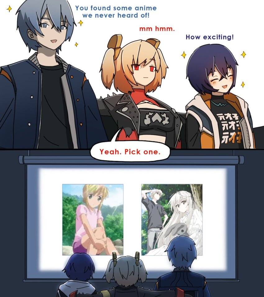 1boy 2girls belle_(zenless_zone_zero) boku_no_pico brother_and_sister burnice_white clueless commentary dorahdew english_commentary english_text highres kasugano_haruka kasugano_sora multiple_girls pico_(boku_no_pico) projector_screen siblings speech_bubble stuffed_animal stuffed_rabbit stuffed_toy watching_television wise_(zenless_zone_zero) yosuga_no_sora zenless_zone_zero