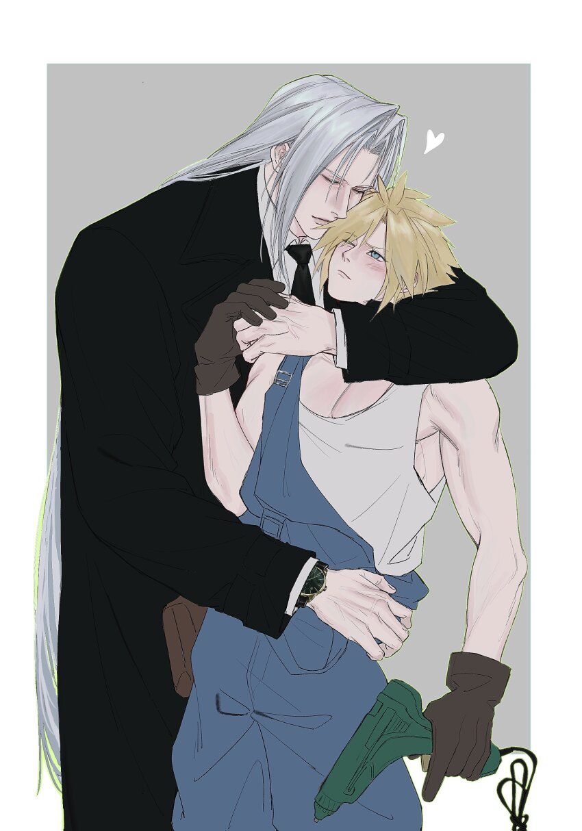 2boys aaamber_22 absurdres aqua_eyes arm_around_neck black_jacket black_necktie black_pants black_suit blonde_hair blue_overalls blush border brown_gloves closed_eyes cloud_strife collared_shirt cowboy_shot final_fantasy final_fantasy_vii formal_clothes furrowed_brow gloves grey_background grey_hair hair_between_eyes highres holding_power_drill hug hug_from_behind jacket long_hair male_focus multiple_boys necktie one_eye_closed overalls pale_skin pants parted_bangs sephiroth shirt short_hair spiked_hair strap_slip suit suit_jacket tank_top watch white_border white_shirt white_tank_top wristwatch yaoi
