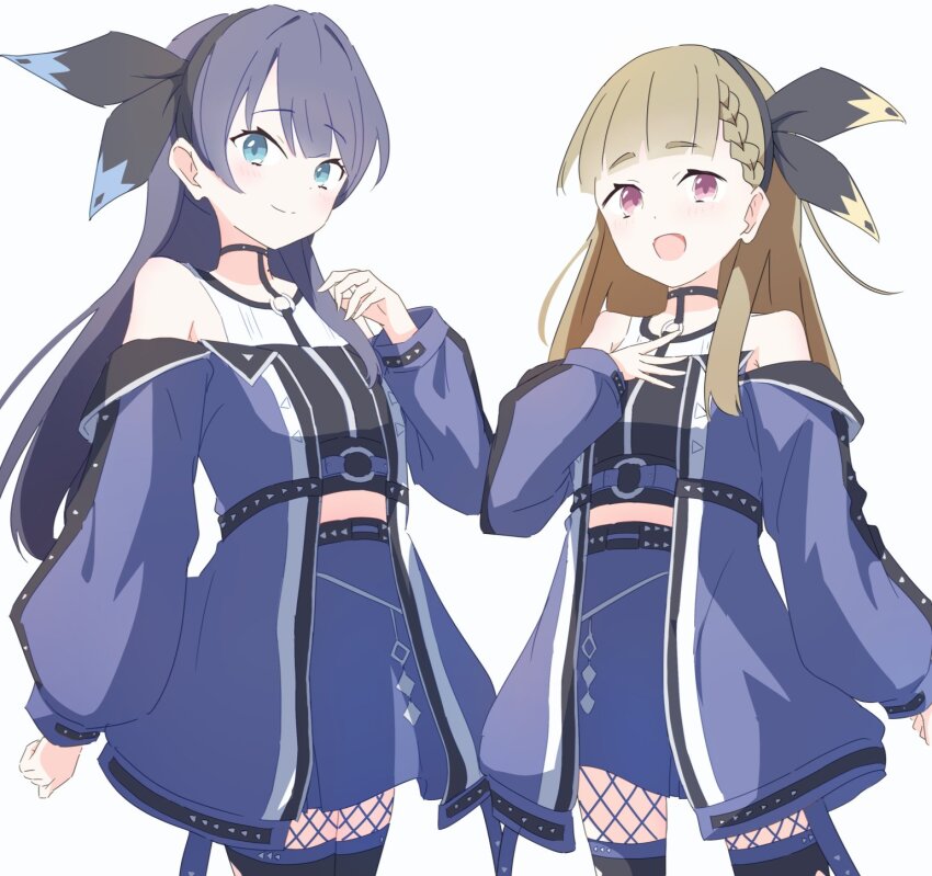 2girls :d ampere_(love_live!) bare_shoulders black_choker black_hairband black_shirt black_thighhighs blue_coat blue_eyes blue_hair blue_skirt braid brown_hair center-flap_bangs choker closed_mouth coat collarbone cowboy_shot crop_top cropped_shirt dollchestra fishnet_pantyhose fishnets hair_intakes hairband half_updo highres junnatsu kachimachi_kosuzu link!_like!_love_live! long_hair long_sleeves love_live! midriff miniskirt multiple_girls murano_sayaka o-ring off-shoulder_coat off_shoulder official_alternate_costume open_mouth pantyhose pink_eyes puffy_long_sleeves puffy_sleeves shirt side_braids simple_background skirt sleeveless sleeveless_shirt smile standing thighhighs thighhighs_over_pantyhose virtual_youtuber white_background