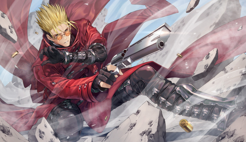 1boy agl_arms_.45_long_colt blonde_hair blue_eyes break-action_revolver coat commentary_request full_body gloves greenkohgen gun handgun handgun_cartridge highres holding holding_weapon kneeling long_coat low_bore_axis_revolver orange-tinted_eyewear partially_fingerless_gloves prosthesis prosthetic_arm red_coat revolver revolver_cartridge round_eyewear short_hair smile sunglasses tinted_eyewear trigun undercut vash_the_stampede weapon