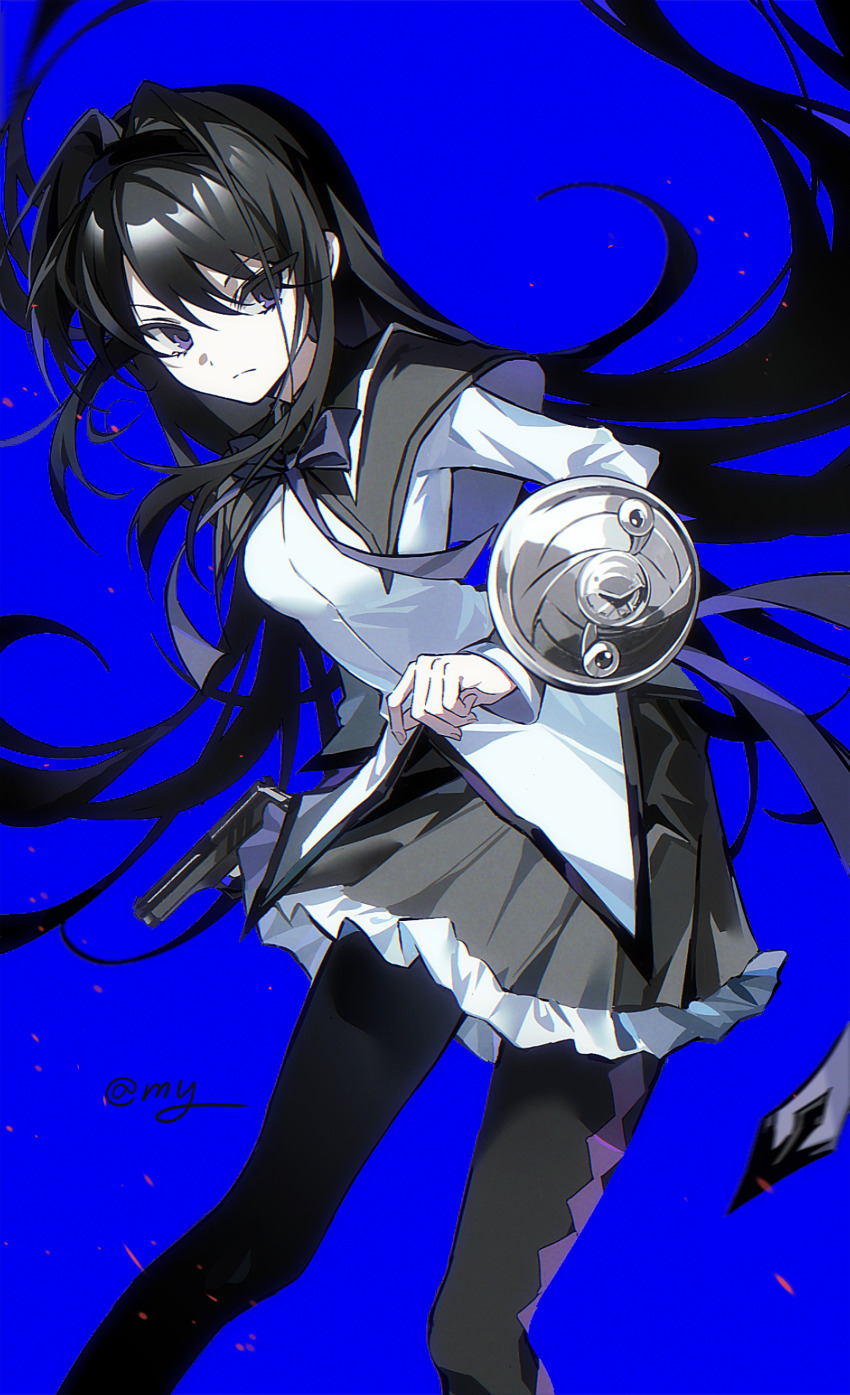 1girl absurdres akemi_homura akemi_homura_(magical_girl) argyle_clothes argyle_footwear back_bow benwan_yaotou_xiangrikui_zhizao_zhong black_boots black_capelet black_hair black_hairband blue_background boots bow bowtie capelet clenched_hand closed_mouth dress embers expressionless eyelashes feet_out_of_frame floating_hair frilled_skirt frills frown grey_capelet grey_skirt gun hair_between_eyes hair_intakes hairband handgun highres holding holding_gun holding_weapon long_hair magical_girl mahou_shoujo_madoka_magica mahou_shoujo_madoka_magica_(anime) miniskirt pale_skin pantyhose pleated_skirt purple_bow purple_bowtie purple_eyes shield short_dress sidelocks signature simple_background skirt skirt_under_dress solo thigh_boots tsurime two-tone_capelet very_long_hair weapon white_dress