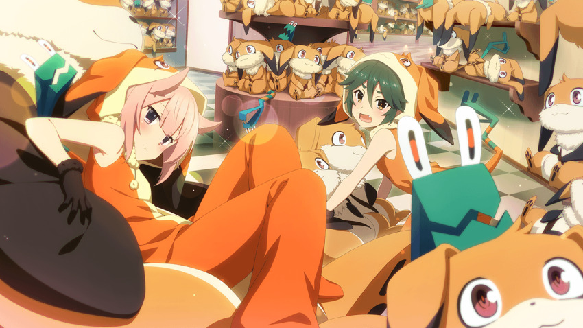 2girls :d brown_eyes brown_gloves closed_mouth fang fujimaki_minaki game_cg gloves green_hair hair_between_eyes hair_horns hood hood_up hoodie indoors looking_at_viewer mashiko_kaoru multiple_girls nene_(toji_no_miko) non-web_source official_art open_mouth orange_hoodie pink_hair purple_eyes sidelocks sleeveless sleeveless_hoodie smile stuffed_toy toji_no_miko toji_no_miko:_kizamishi_issen_no_tomoshibi too_many_dolls