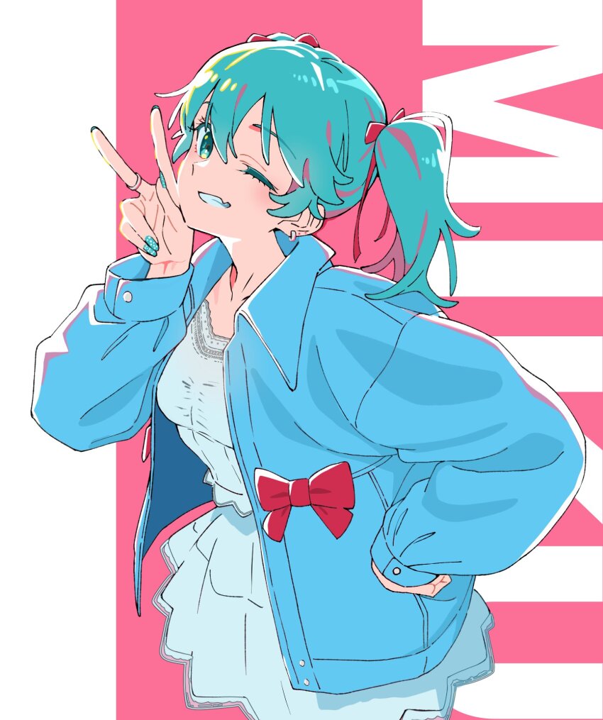 1girl aqua_eyes aqua_hair dress hatsune_miku highres jacket looking_at_viewer one_eye_closed open_clothes open_jacket smile solo tanaka_masaaki twintails v vocaloid