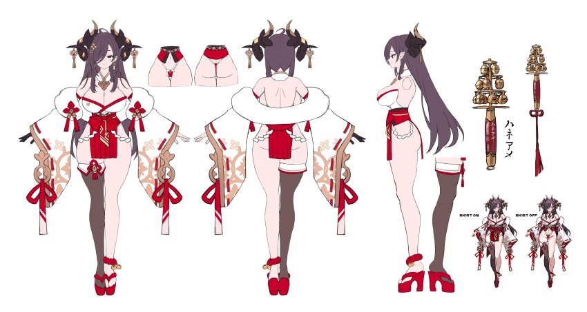 1girl absurdres ass bell black_gloves black_hair black_horns breasts cleavage closed_mouth collar detached_collar earrings floral_print freng gloves hair_ornament hair_over_one_eye haneame highres horn_ornament horns jewelry large_breasts long_hair median_furrow multiple_views navel nontraditional_miko original platform_sandals pleated_skirt pointy_ears red_sandals sandals single_glove single_thighhigh skirt tassel thighhighs white_background white_collar wide_sleeves