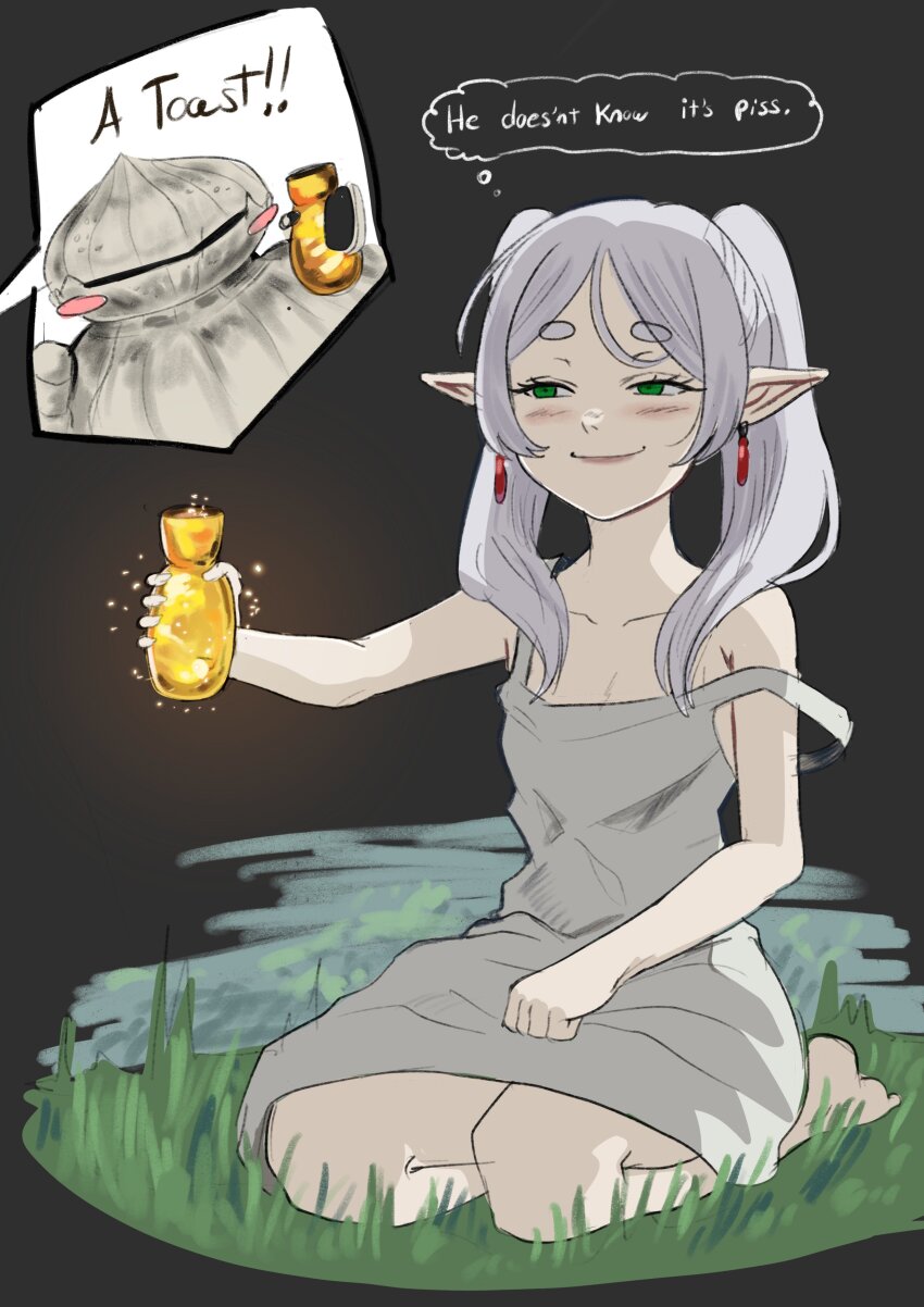 1boy 1girl absurdres armor commentary dark_souls_(series) dark_souls_iii dress earrings english_commentary english_text estus_flask floating_earring foxxarius frieren green_eyes highres jewelry meme nightgown on_grass outstretched_arms parted_bangs pee pee_in_container pointy_ears raised_eyebrows seiza siegward_of_catarina sitting sleeveless sleeveless_dress sousou_no_frieren speech_bubble thought_bubble twintails white_hair you_can_just_give_this_kind_of_thing_to_men_and_they_will_be_thrilled_(meme)