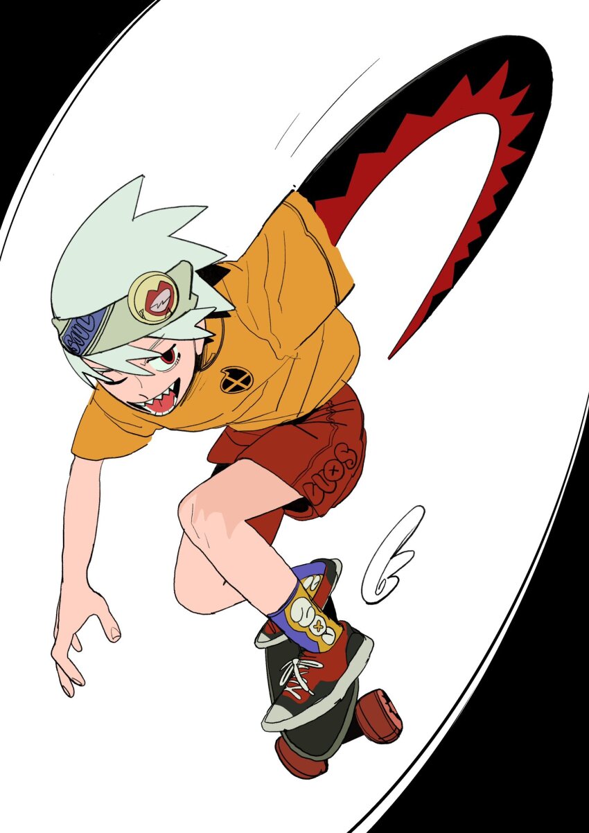 1boy ankle_wings commentary hashtag-only_commentary headband highres looking_to_the_side male_focus multicolored_shoes nineinsweet one_eye_closed open_mouth outstretched_arm red_eyes red_shorts scythe sharp_teeth shirt shoelaces shoes short_sleeves shorts sideways_glance skateboard skateboarding sneakers solo soul_eater soul_evans t-shirt teeth tongue weapon white_hair wings yellow_shirt