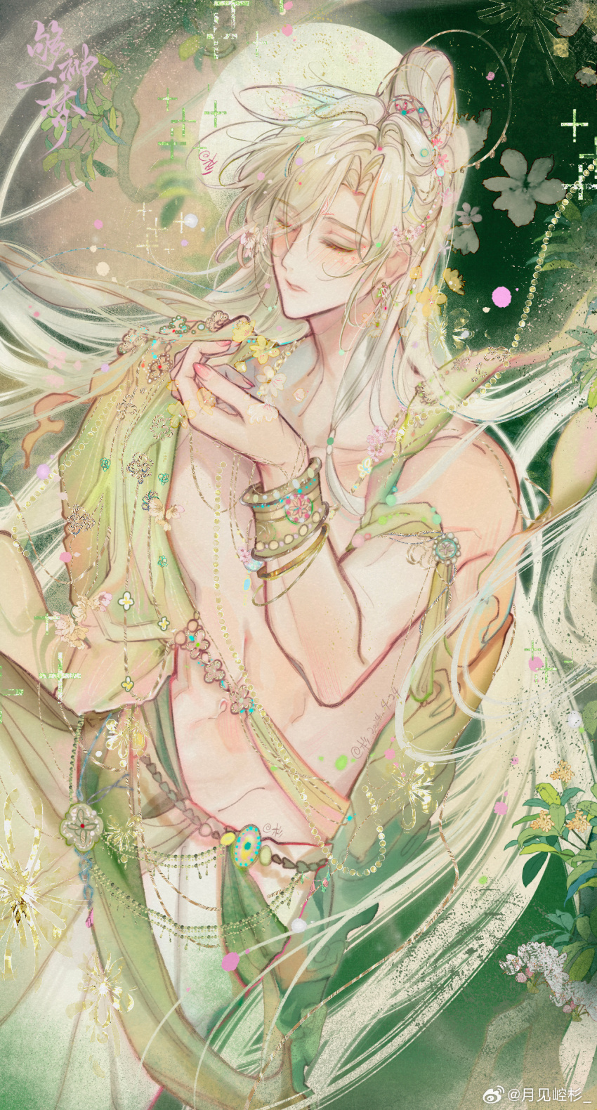 1boy arm_strap bangle bead_belt blonde_hair blush bracelet chinese_clothes chinese_commentary chinese_text closed_eyes cowboy_shot curtained_hair eyes_visible_through_hair flower flower_ornament full_moon gold_bracelet green_background green_robe green_sash hair_between_eyes hair_flower hair_ornament half_updo hand_up high_ponytail highres holding holding_flower jewelry leaf moon nail_polish original osmanthus parted_lips pink_flower pink_nails ponytail robe sash shoulder_sash solo toned toned_male topless_male waist_sash watermark weibo_watermark yellow_flower yue_jian_kongshan