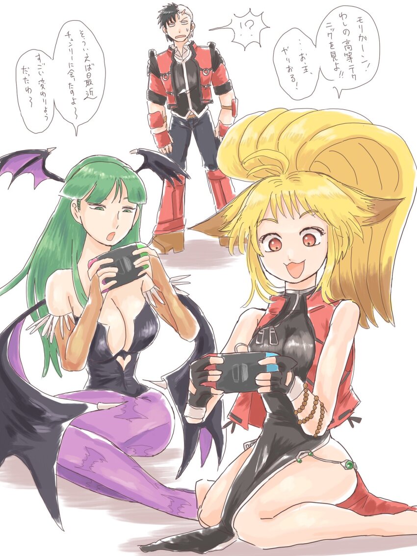 1boy 2girls animal_ears arisu_reiji barefoot bat_wings black_hair blonde_hair breasts capcom chinese_clothes cleavage crossover darkstalkers demon_girl feet fingerless_gloves fox_ears gloves green_eyes green_hair highres jacket large_breasts legs leotard long_hair morrigan_aensland multiple_girls namco_x_capcom open_clothes open_jacket open_mouth pants pantyhose pelvic_curtain project_x_zone red_eyes sitting smile thighs tongue traditional_media white_hair wings xiaomu