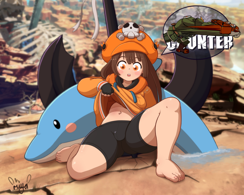 1girl absurdres anchor barefoot bike_shorts black_gloves brown_hair bruise dolphin feet fingerless_gloves gloves guilty_gear guilty_gear_strive hat highres hood hoodie huge_filesize incredibly_absurdres injury long_hair may_(guilty_gear) open_mouth orange_eyes orange_hat orange_hoodie pirate_hat potemkin_(guilty_gear) riiya_(riiya932) skull_and_crossbones solo