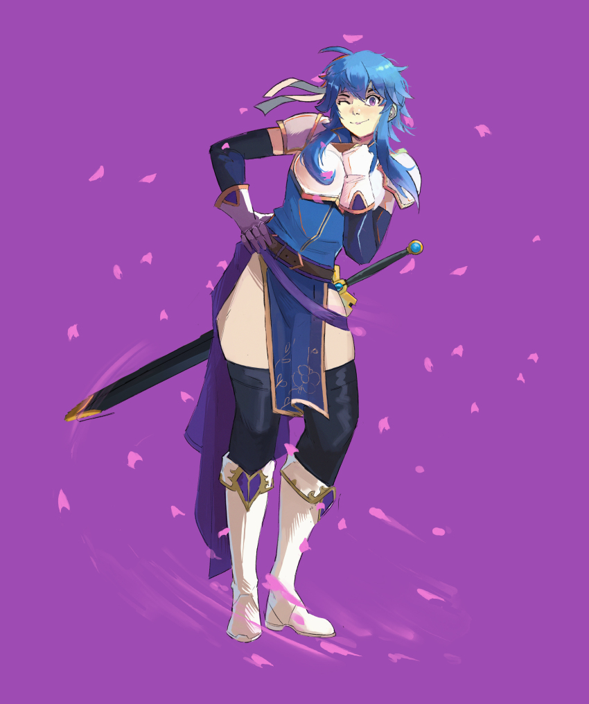 1girl absurdres ahoge armor belt blue_hair blue_tunic boots breastplate commission commissioner_upload elbow_gloves fire_emblem fire_emblem:_genealogy_of_the_holy_war gloves hand_on_own_hip headband highres if_they_mated nintendo one_eye_closed original pelvic_curtain petals popped_collar purple_eyes rod_langhi sash selia sheath sheathed short_hair shoulder_armor sidelocks simple_background smile solo standing sword thighhighs tomboy tunic weapon white_headband