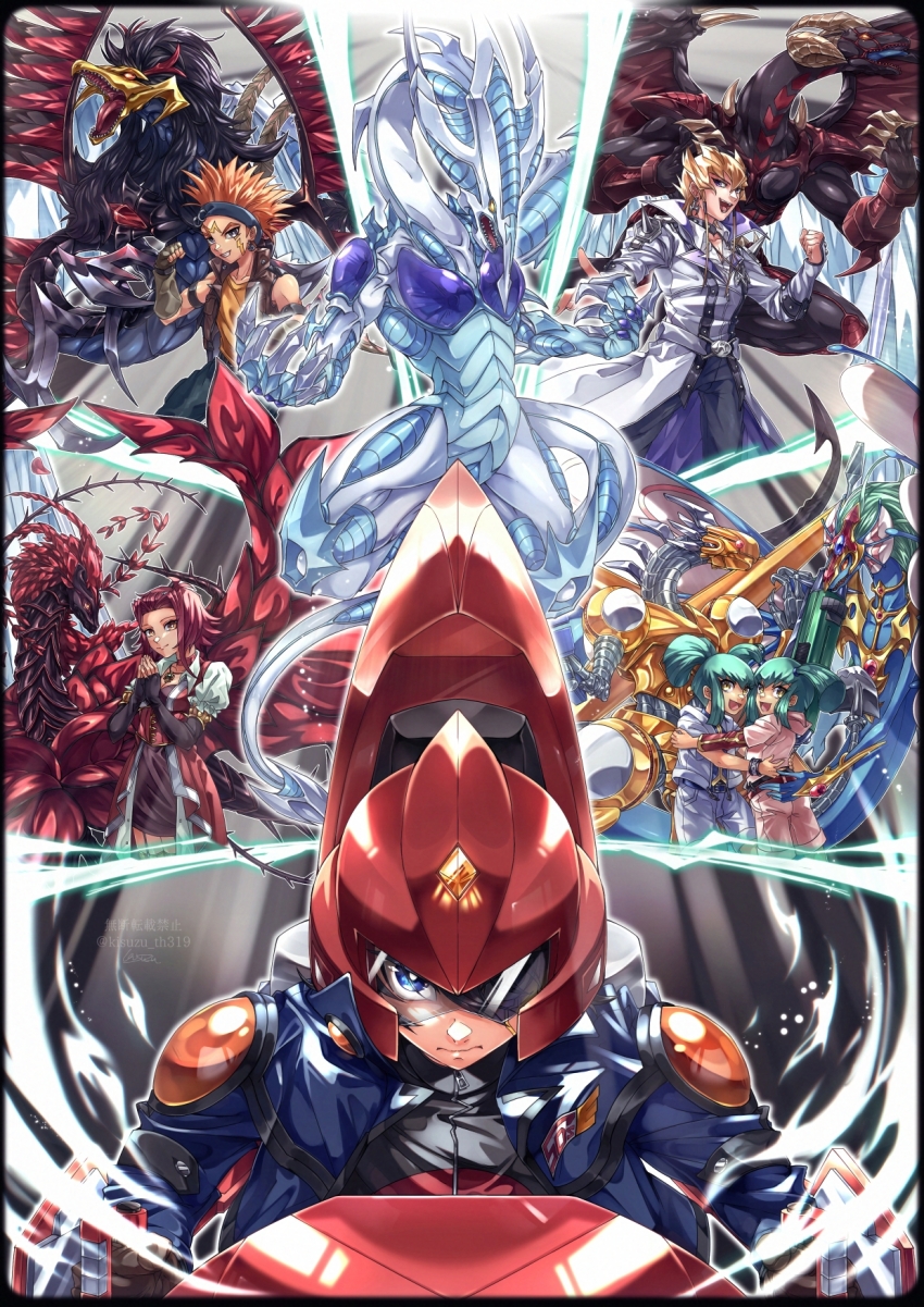 2girls 4boys ancient_fairy_dragon assault_visor black-winged_dragon black_pants black_rose_dragon blonde_hair blue_eyes blue_jacket brown_jacket coat collarbone crow_hogan d-wheel dragon dress duel_monster everyone facial_mark fingerless_gloves fudo_yusei garter_straps gloves green_hair helmet highres jack_atlas jacket kisuzu_th319 long_neck lua_(yu-gi-oh!) luca_(yu-gi-oh!) male_focus medium_hair motor_vehicle motorcycle multiple_boys multiple_girls non-humanoid_robot orange_hair pants power_tool_dragon red_dragon_archfiend red_dress red_hair red_helmet robot robot_dragon shirt stardust_dragon twintails white_coat wings yellow_shirt yu-gi-oh! yu-gi-oh!_5d&#039;s