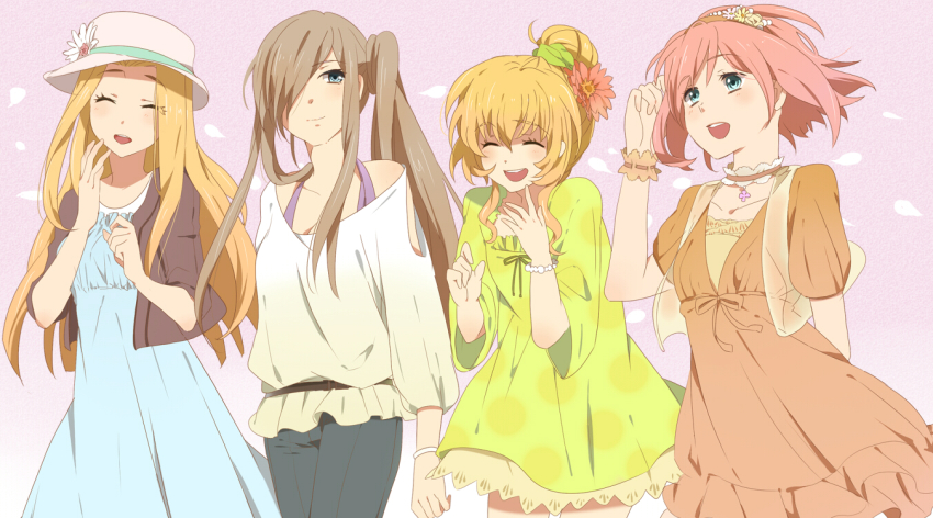 00s 4girls alternate_costume alternate_hairstyle blonde_hair blue_dress blue_eyes casual colette_brunel contemporary dress estellise_sidos_heurassein hairband hat karuha long_hair mint_adenade multiple_girls orange_dress pink_hair skirt smile tales_of_(series) tales_of_phantasia tales_of_symphonia tales_of_the_abyss tales_of_vesperia tear_grants yellow_skirt