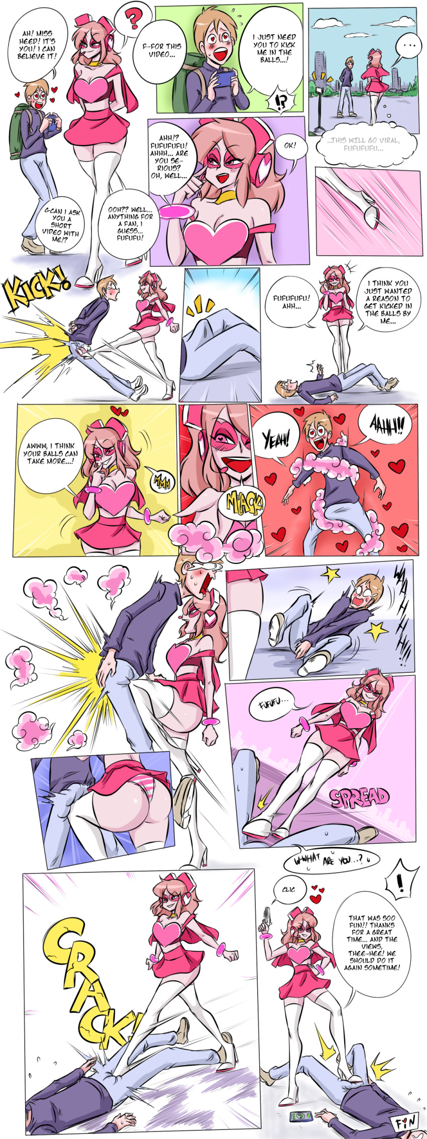 1boy 1girl absurdres ass ball_busting bdsm breasts bulge cbt english_text femdom happy headphones heart heart-shaped_pupils high_heels highres kicking kicking_testicles kneeing kneeing_testicles laughing legs lying medium_breasts medium_hair miniskirt miss_heed ocigart on_back panties pink_hair skirt smile speech_bubble standing standing_on_one_leg striped_clothes striped_panties symbol-shaped_pupils thighhighs thighs trample trampling_testicles underwear villainous white_thighhighs