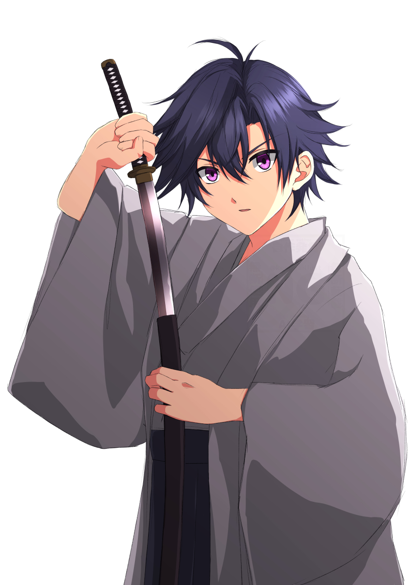 1boy absurdres ahoge black_hair eiyuu_densetsu falcom hair_between_eyes hakama hakama_pants highres holding holding_sword holding_weapon japanese_clothes katana konohanaillust looking_at_viewer pants parted_bangs purple_eyes rean_schwarzer sen_no_kiseki_(series) simple_background solo sword weapon white_background
