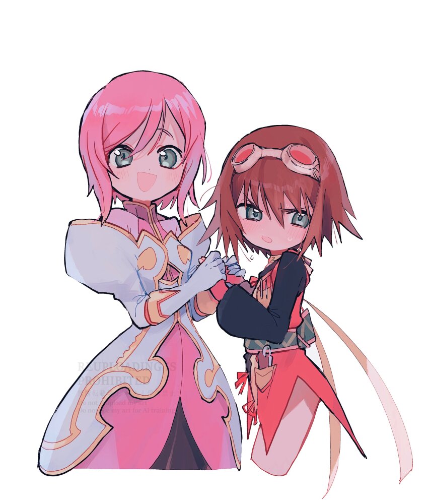 2girls :d absurdres armor armored_dress averting_eyes blush brown_hair commentary_request dress estellise_sidos_heurassein goggles goggles_on_head grey-framed_eyewear grey_eyes hair_between_eyes highres holding_hands loose_hair_strand medium_hair multiple_girls nancykittyu open_mouth pink-tinted_eyewear pink_hair rita_mordio simple_background smile spiked_hair standing tales_of_(series) tales_of_vesperia tinted_eyewear v-shaped_eyebrows watermark white_background white_dress