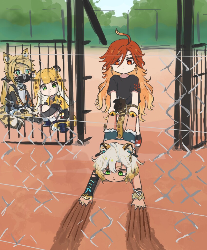 4girls alternate_costume animal_ears black_shirt black_socks blonde_hair bracelet closed_mouth earrings genshin_impact green_eyes grey_hair hair_between_eyes highres jaguar_ears jaguar_girl jaguar_tail jewelry ju_fufu long_hair looking_at_another mavuika_(genshin_impact) multicolored_hair multiple_girls outdoors pulchra_fellini red_eyes red_hair red_shoes shirt shoes short_sleeves socks tail xilonen_(genshin_impact) xinzoruo zenless_zone_zero