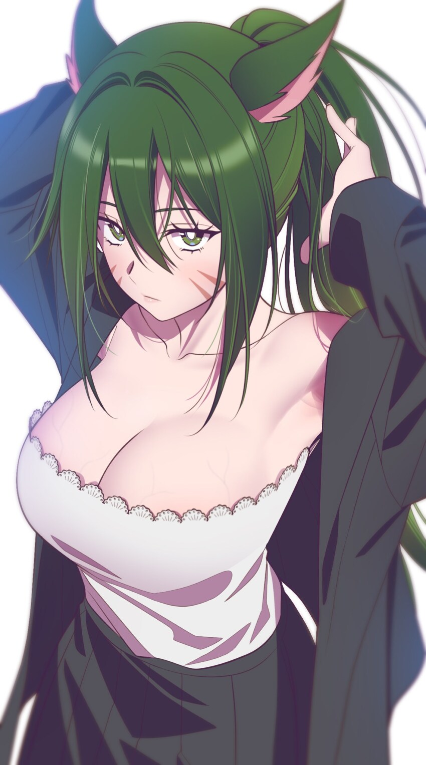 1girl andrian_januar_adilia animal_ear_fluff animal_ears armpits bare_shoulders black_jacket black_skirt breasts cleavage closed_mouth collarbone commentary commission english_commentary facial_mark green_eyes green_hair hair_between_eyes highres jacket large_breasts long_hair long_sleeves looking_at_viewer open_clothes open_jacket original ponytail shirt sidelocks simple_background skirt sollyz_(sollyz) solo standing upper_body veins veiny_breasts very_long_hair whisker_markings white_background white_shirt