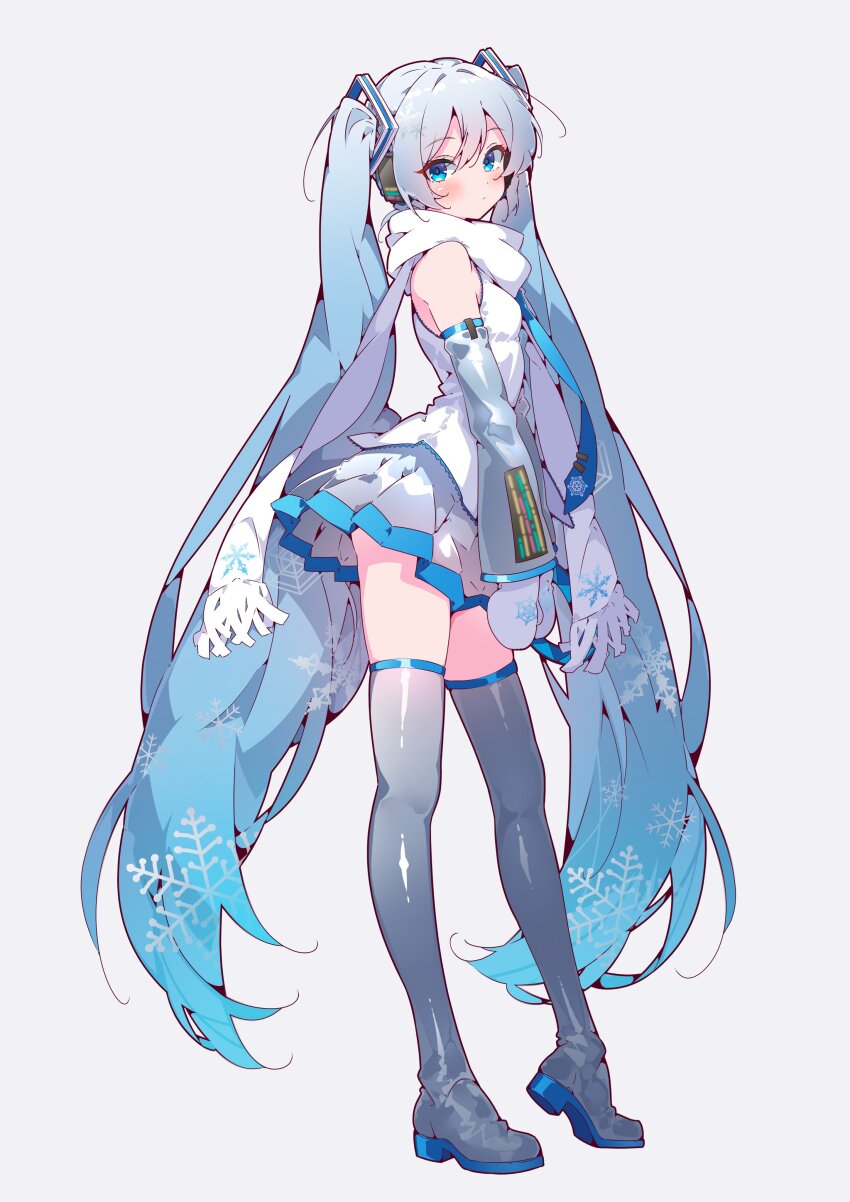 1girl absurdres bare_shoulders blue_eyes blue_hair blue_necktie detached_sleeves feet_out_of_frame grey_skirt grey_sleeves grey_thighhighs halkawa501 hatsune_miku headphones headset highres long_hair looking_at_viewer miniskirt mittens necktie pleated_skirt scarf shiny_clothes shirt skirt sleeveless sleeveless_shirt snowflake_print solo thighhighs twintails very_long_hair vocaloid white_mittens white_scarf white_shirt yuki_miku zettai_ryouiki