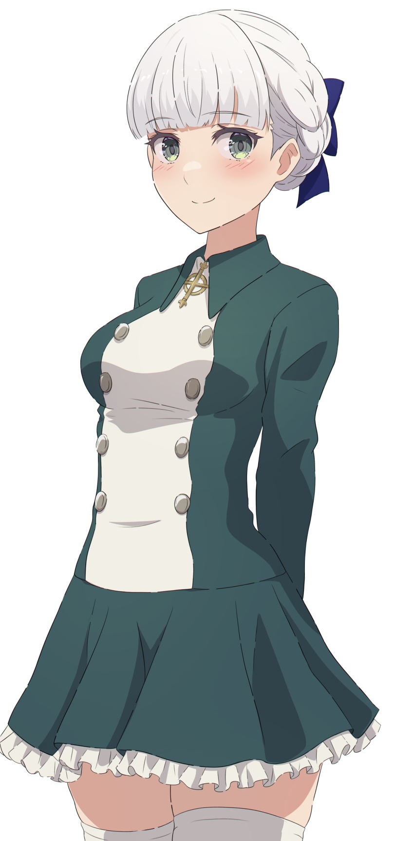 1girl absurdres alice_elliot arms_behind_back blue_bow blunt_bangs blush bow braid braided_bun breasts buttons collared_shirt cowboy_shot cross cross_patonce frilled_skirt frills green_eyes green_jacket green_skirt hair_bow hair_bun highres jacket large_breasts looking_at_viewer na-suke shadow_hearts shirt short_hair simple_background skirt smile solo standing thighhighs white_background white_hair white_shirt white_thighhighs