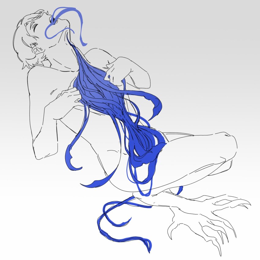 1boy bisected body_horror completely_nude crossed_legs disembowelment elliot_(par0llel) head_tilt highres hole_in_chest hole_on_body injury leaning_back male_focus nude open_mouth opening organs original par0llel partially_colored short_hair solo talons tentacle_in_mouth tentacles torn_skin