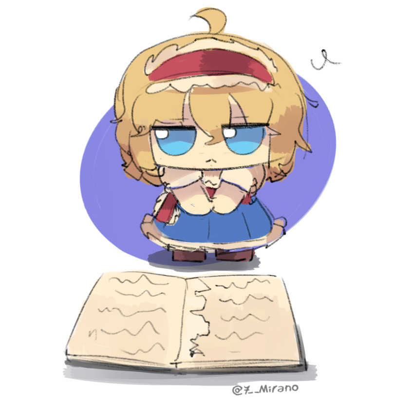 1girl 7-mirano alice_margatroid blonde_hair blue_dress blue_eyes book capelet dress frills fumo_(doll) grimoire grimoire_of_alice hairband highres open_book page_tear revealing_layer short_hair solo touhou