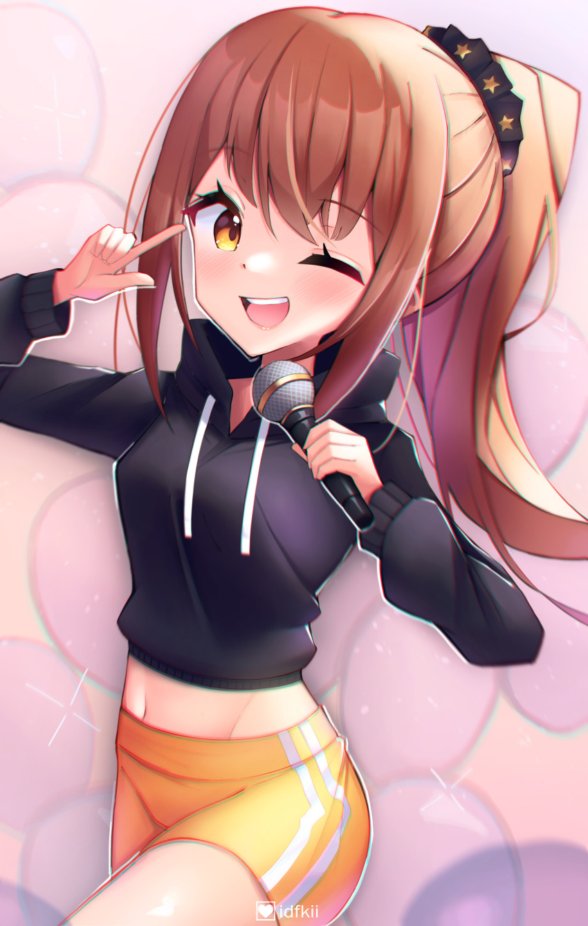 1girl ;d absurdres black_sweater breasts brown_hair commentary cropped_sweater hand_up highres holding holding_microphone idol_(rhythm_tengoku) lavendeavor long_hair long_sleeves looking_at_viewer medium_breasts microphone midriff music one_eye_closed open_mouth pointing pointing_at_self ponytail rhythm_tengoku shorts singing smile solo striped_clothes striped_shorts sweater thighs yellow_shorts
