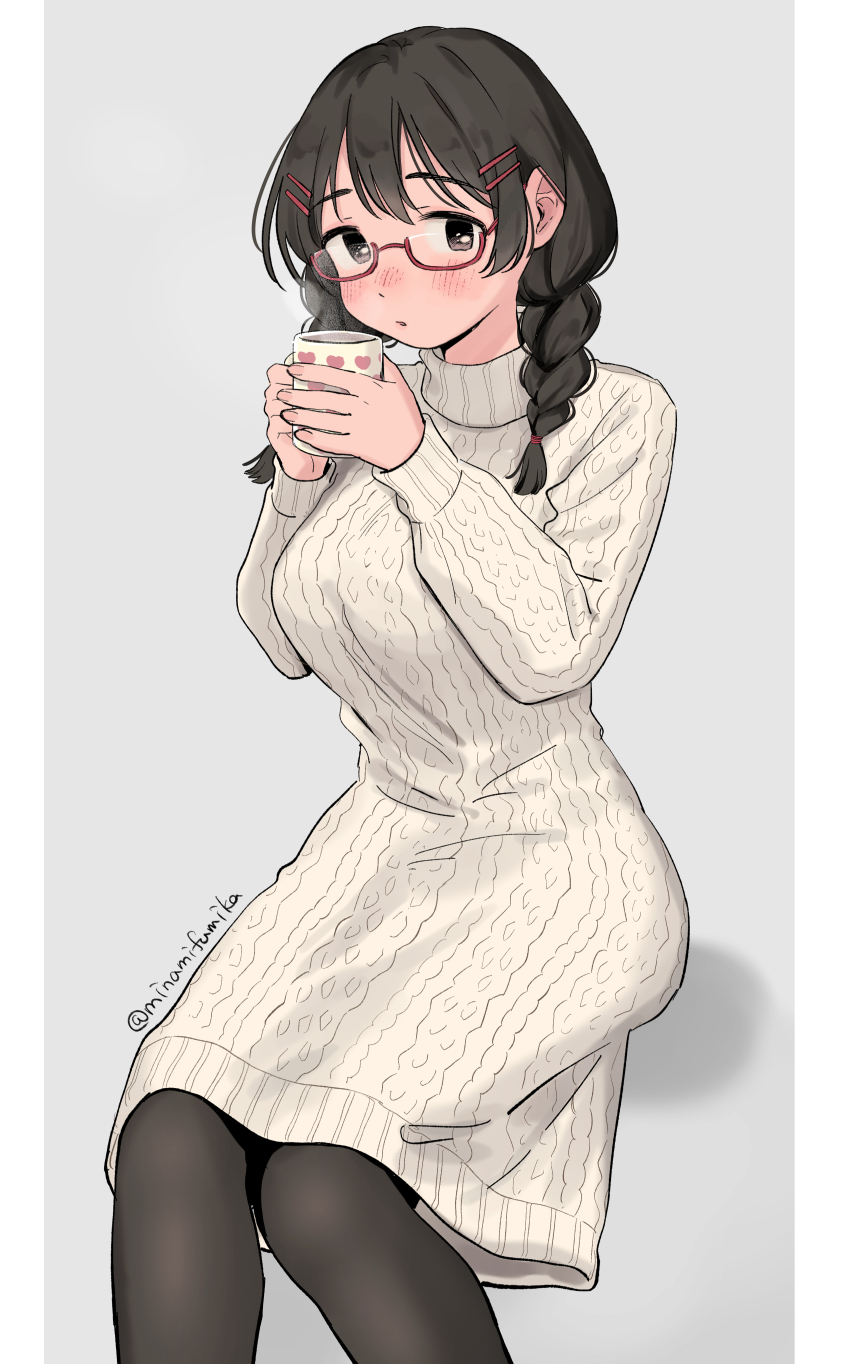 1girl absurdres black_hair blush braid breasts cup dress glasses hair_ornament hairclip highres holding holding_cup long_hair looking_at_viewer miyama_(kannsannn) original pantyhose simple_background solo sweater twin_braids twitter_username