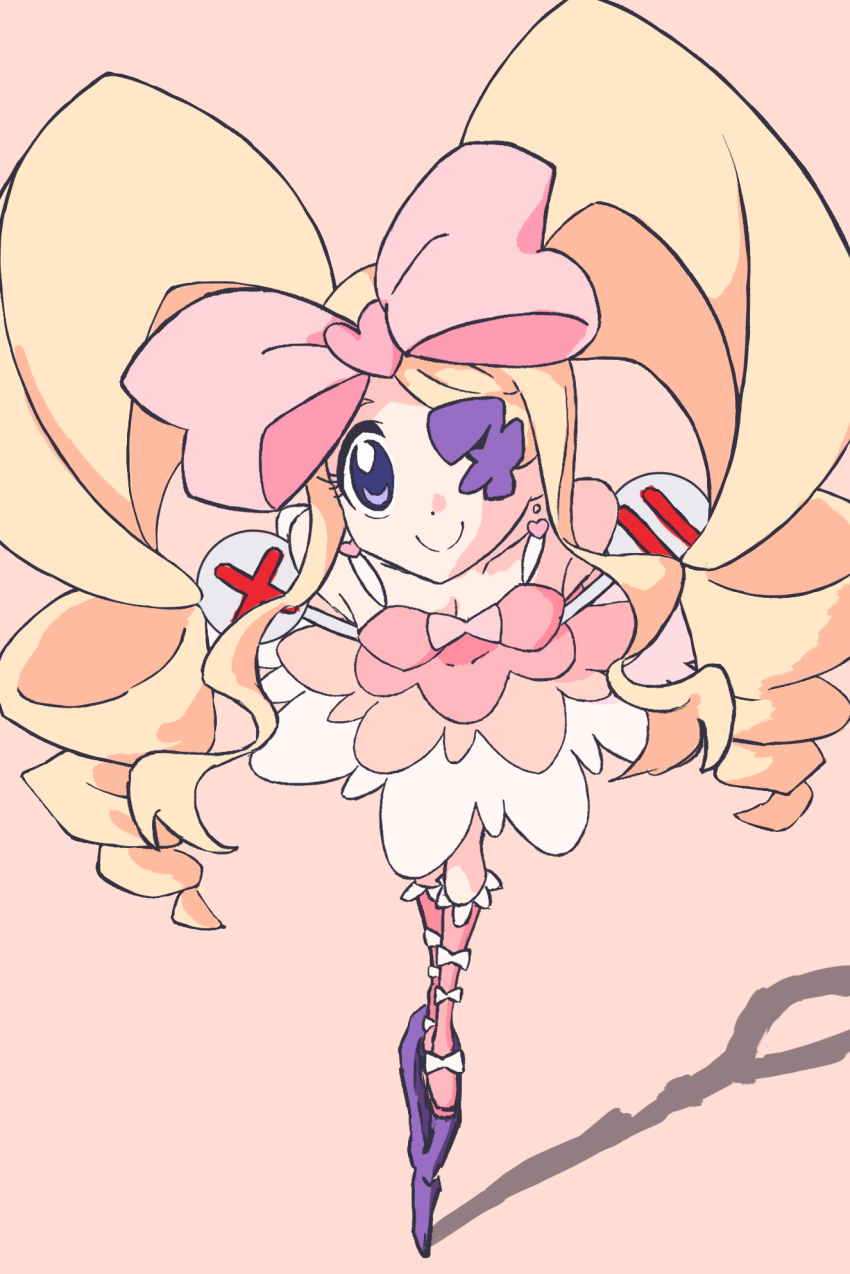 1girl blonde_hair blue_eyes boots bow breasts cleavage colored_eyepatch dress drill_hair earrings equal_sign eyepatch footwear_bow harime_nui heart heart_earrings highres holding holding_sign jewelry kill_la_kill looking_at_viewer pink_background pink_boots pink_bow pink_dress scissor_blade_(kill_la_kill) shadow sign smile standing_on_weapon tsukuneudon twin_drills twintails x_(symbol)