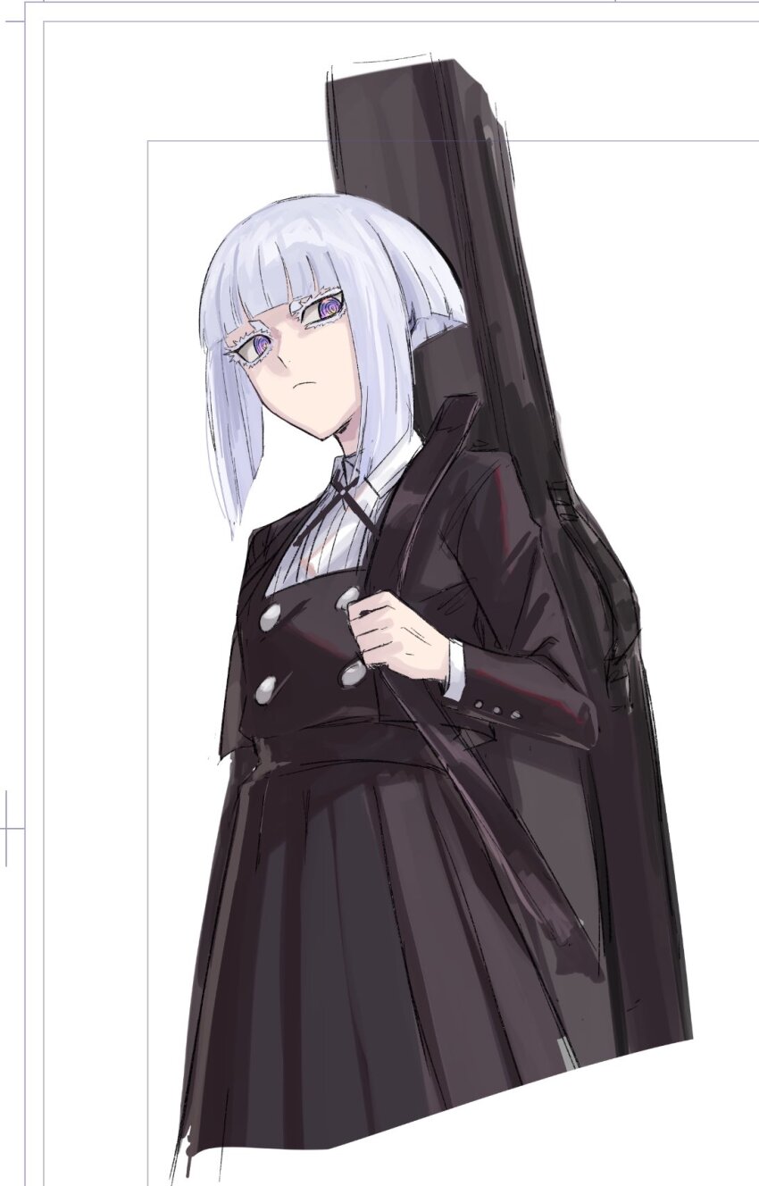 1girl aoki_shizumi black_dress black_jacket closed_mouth dress guitar_case highres instrument_case instrument_on_back jacket long_sleeves looking_at_viewer pinafore_dress purple_eyes rock_wa_lady_no_tashinami_deshite school_uniform shiraya_tamaki shirt sleeveless sleeveless_dress solo white_background white_hair white_shirt