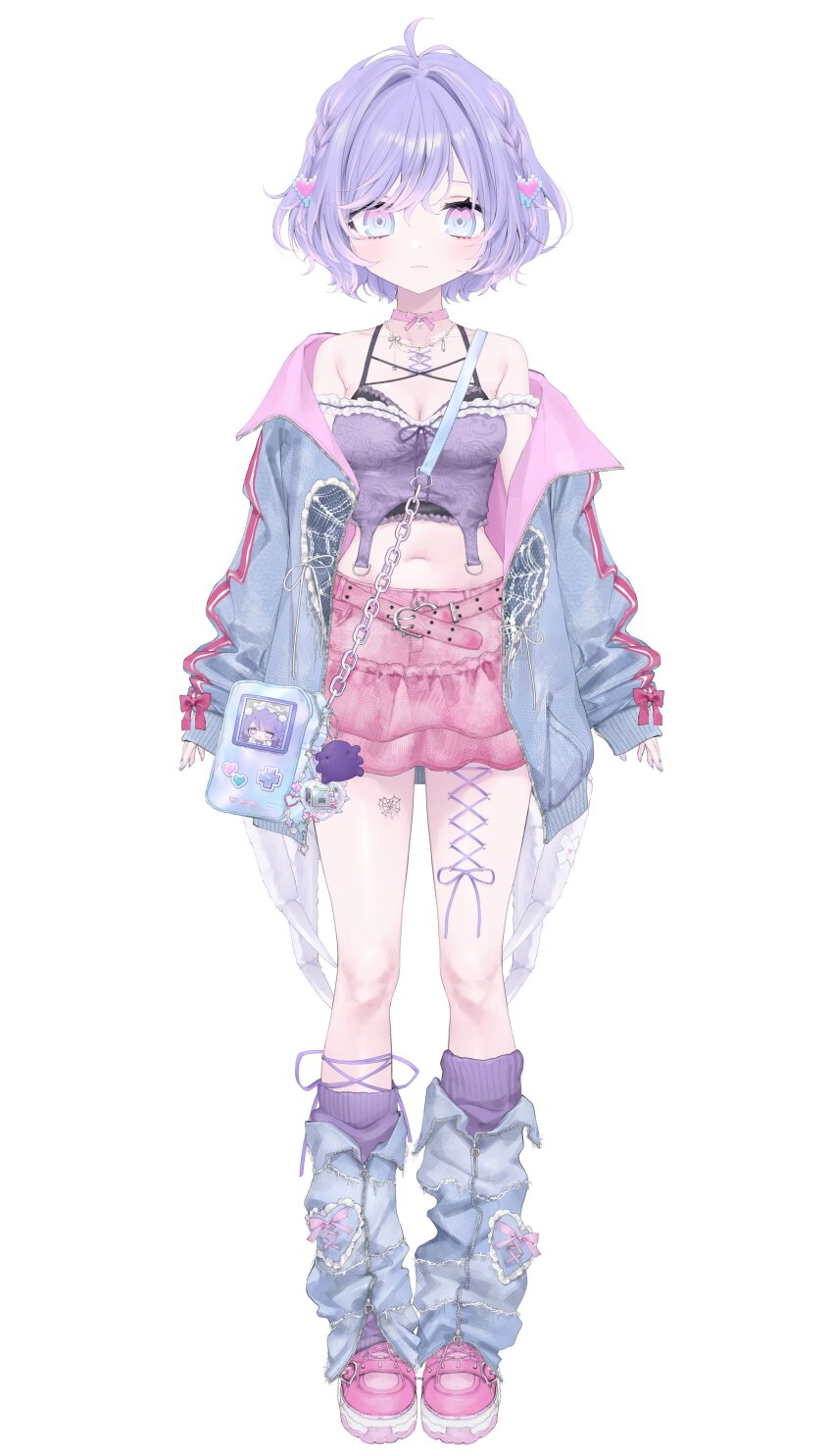 1girl absurdres amiya_aranha amiya_aranha_(3rd_costume) bag black_camisole breasts bucko_(amiya_aranha) camisole choker cleavage collarbone commentary corset_piercing english_commentary hair_ornament heart heart_hair_ornament highres indie_virtual_youtuber leg_warmers looking_at_viewer mashiro_shiki navel off_shoulder official_alternate_costume official_art pink_choker pink_shoes purple_eyes purple_leg_warmers shoes short_hair simple_background sleeves_past_wrists small_breasts smile solo tamagotchi virtual_youtuber