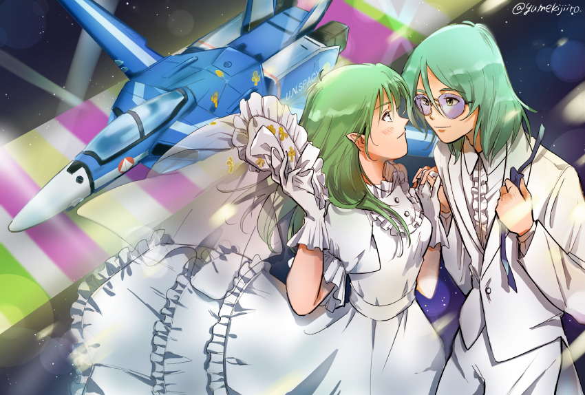 1boy 1girl alien aqua_hair blush canopy choujikuu_yousai_macross commentary_request couple dress fake_screenshot formal_clothes glasses gloves good_end green_hair highres hologram husband_and_wife jenius_maximilian jenius_milia laser lights looking_at_another macross mecha meltrandi pointy_ears robot roundel science_fiction space spoilers suit u.n._spacy undressing variable_fighter vf-1 vf-1j wedding wedding_dress yumekijiiro zentradi